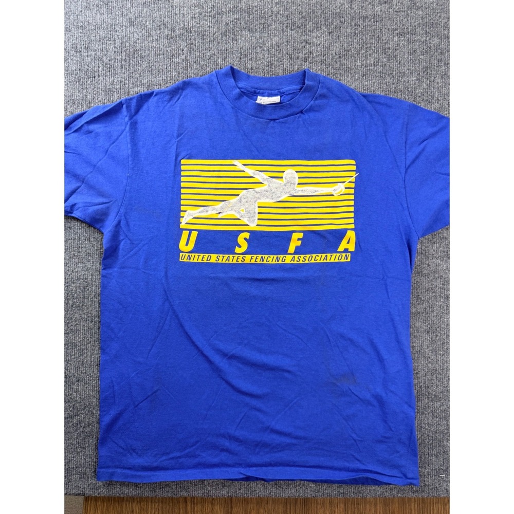 Vintage Hanes Beefy-T USFA Fencing Graphic Tee XL Blue Cotton USA Made 90s Shirt